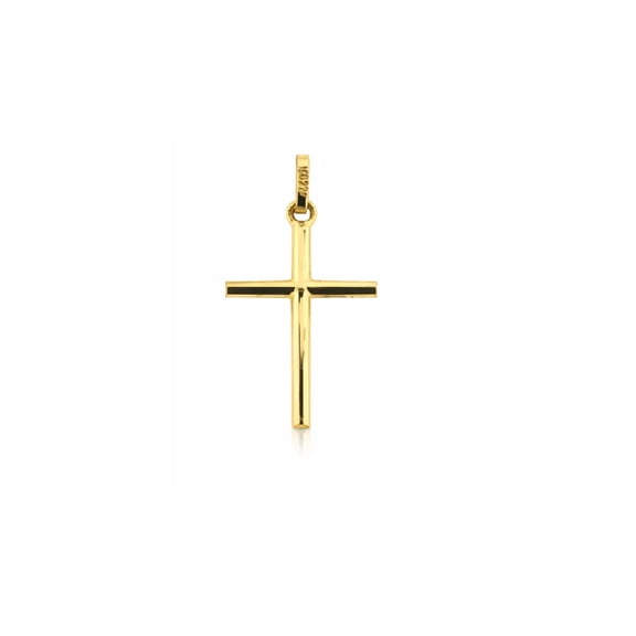 18K Solid Yellow Gold Small Polished Round Tube Cross 0.64 inch.