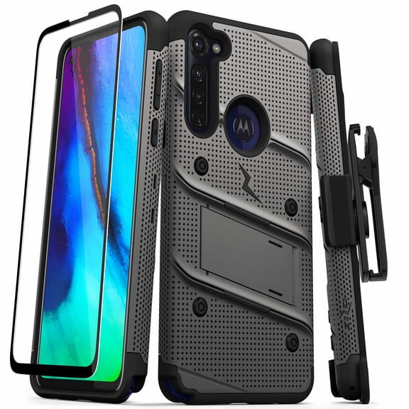 Zizo Bolt Series for Moto G Stylus (2020) Case with Screen Protector Kickstand Holster Lanyard - Gun Metal Gray & Black