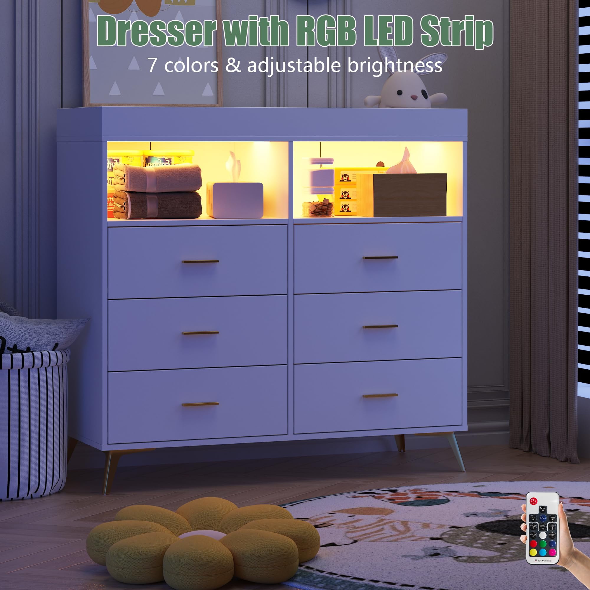 Accreate Dresser for Bedroom with 6 Drawers, Baby Changing Table Dresser with Changing Pad, LED Lights & Charging Station, Baby Changing Station with Changing Table Top
