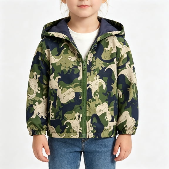 BCSIOAOI Toddler Girls Jacket,Cute Print Hooded Zip Lightweight Windbreaker with Pockets Army Green 3-4t
