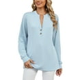 thumbnail image 2 of TEMOFON womens sweatershirts long sleeve fall tops Casual Button Down Fall Blouses 2024 Solid color V neck Business Work Cute Relaxed Fit Shirts Blue, 2 of 4