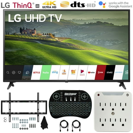LG 55UM6910 55-inch HDR 4K UHD Smart IPS LED TV (2019) Bundle with Deco Mount Flat Wall Mount Kit, Deco Gear Wireless Backlit Keyboard and 6-Outlet Surge Adapter with Night