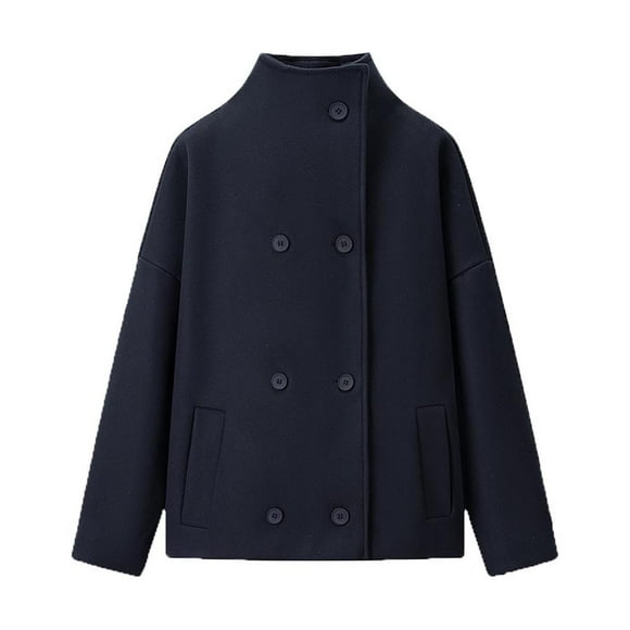 Women's Stand Collar Double Breasted Wool Coat - Short Length with Pockets for Fashionable