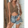 thumbnail image 4 of Women'S Twist Front V Neck Ribbed Knit Sleeveless Sexy- Tank Crop Top Brown XL, 4 of 7