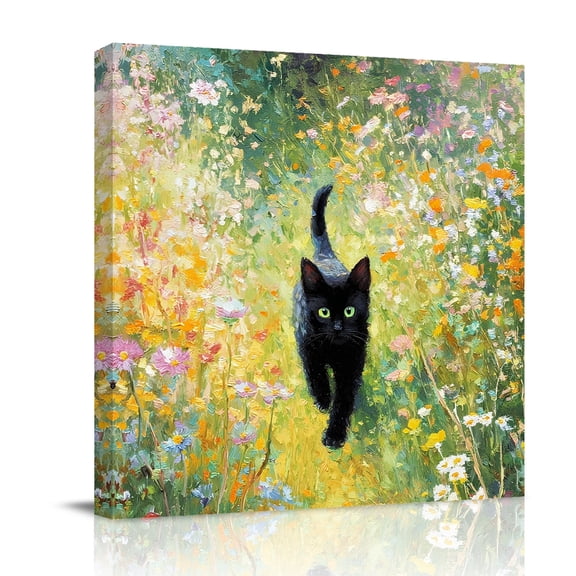 Canvas Wall Art Black Cat Canvas Art Print Colorful Floral Wildflowers Garden Boho Pictures Wall Decor for Living Room Bedroom Artwork Decorations Stretched Framed Ready to Hang 16"x16"