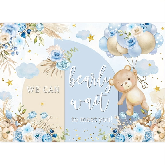 Bear Baby Shower Backdrop We Can Bearly Wait to Meet You Photography Background Bohemian Blue Floral Balloon Newborn Shower Birthday Party Decorations Banner Supplies Photo Booth Props