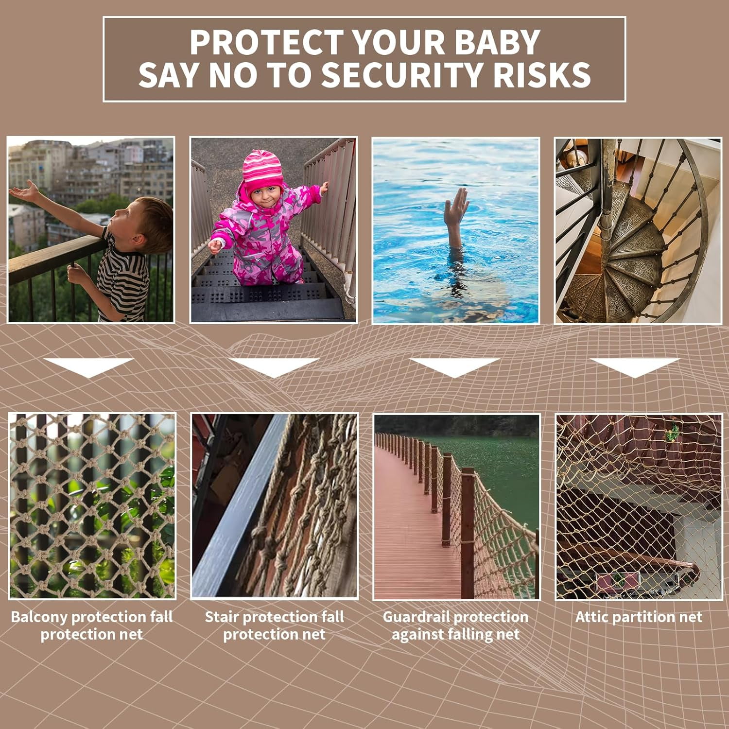 Heavy Duty Jute Rope Tear-resistant Sisal Rope Mesh Twine Netting Wall Children Pets Container Protection Net Safety Netting For Balcony Stairs Scenic Railings Garden Bar Decoration 1x2m