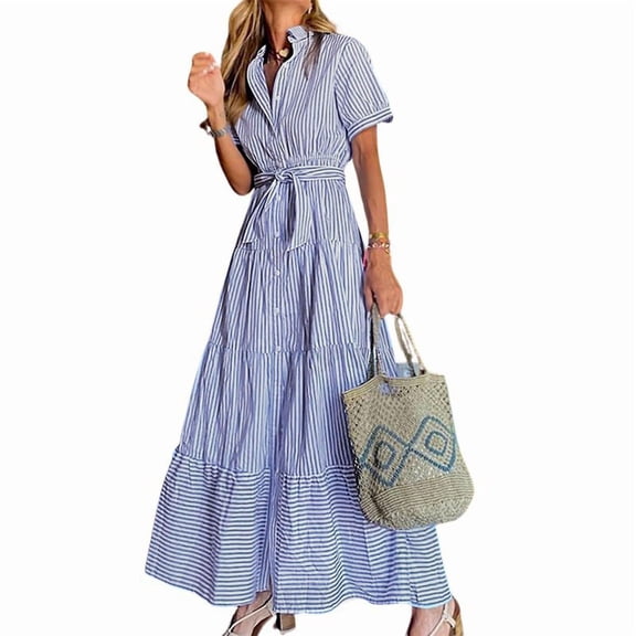 utcoco Womens Casual Short Sleeve Button Down Tie Waist Ruffled Striped Maxi Shirt Dress