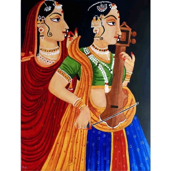 The Musicians, Hand Painted, Traditional Rajasthani Style Painting, Watercolour on Paper.