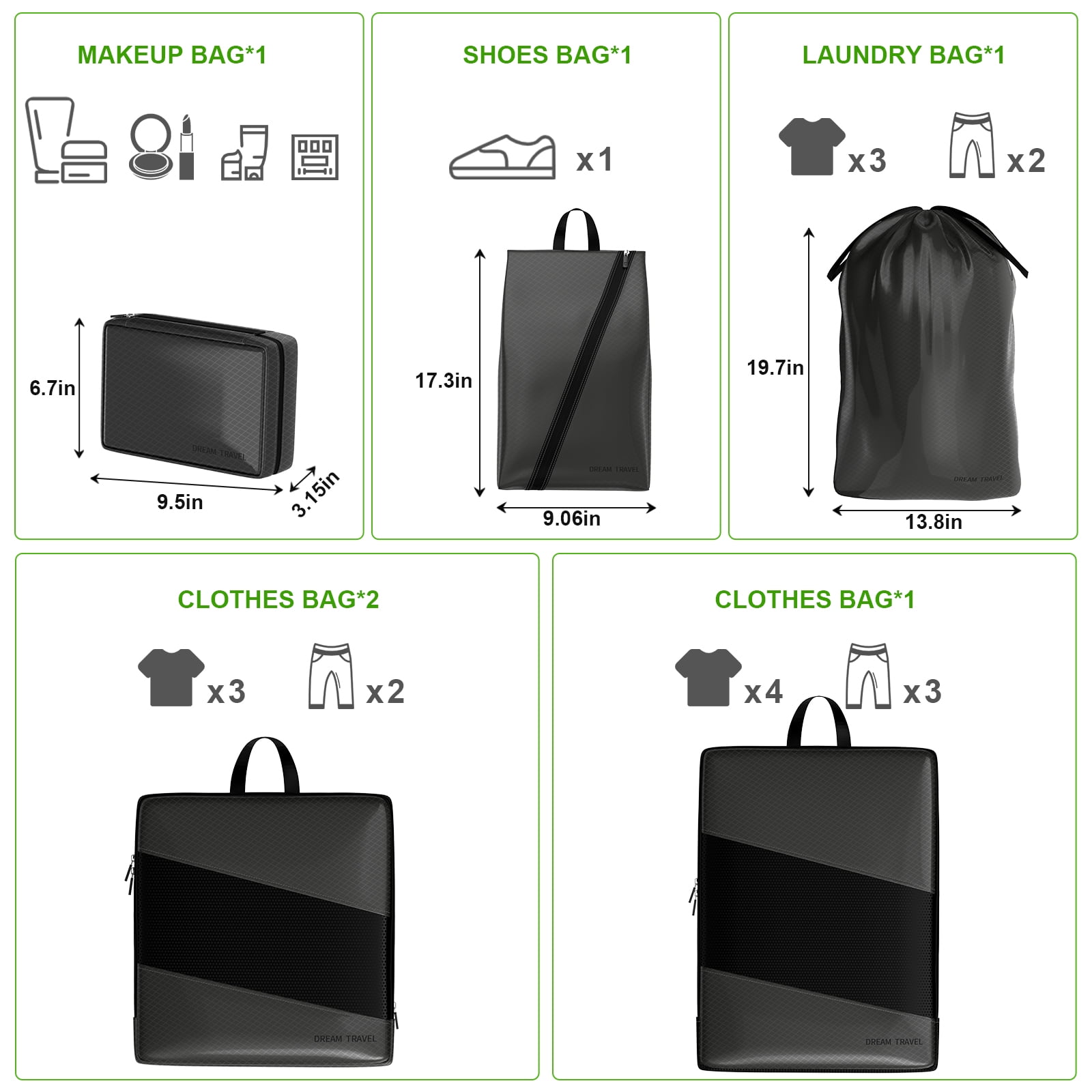 My Travel Dream 6Pcs Compressible Packing Cubes,Nylon Luggage Packing Organizers for Travel Accessories Space Saving Travel Bags for Carry On, Lightweight Laundry and Shoe Bag