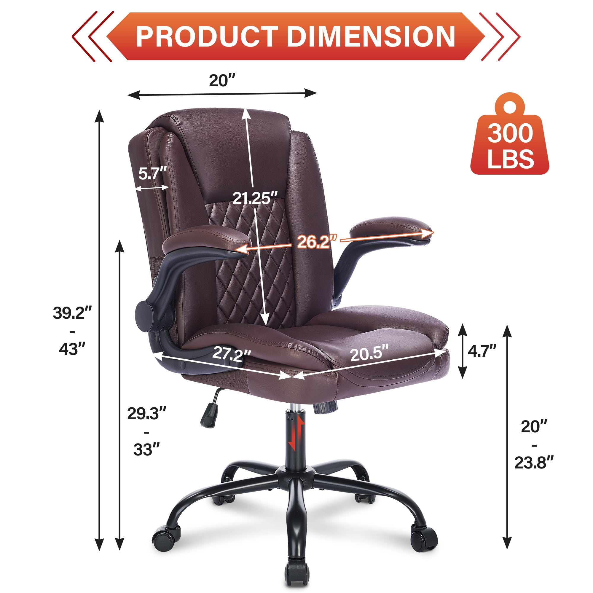 Fantasylab Executive Ergonomic 300LBS PU Leather Home Office Desk Chair, Computer Desk Chair with Adjustable Armrest,BROWN