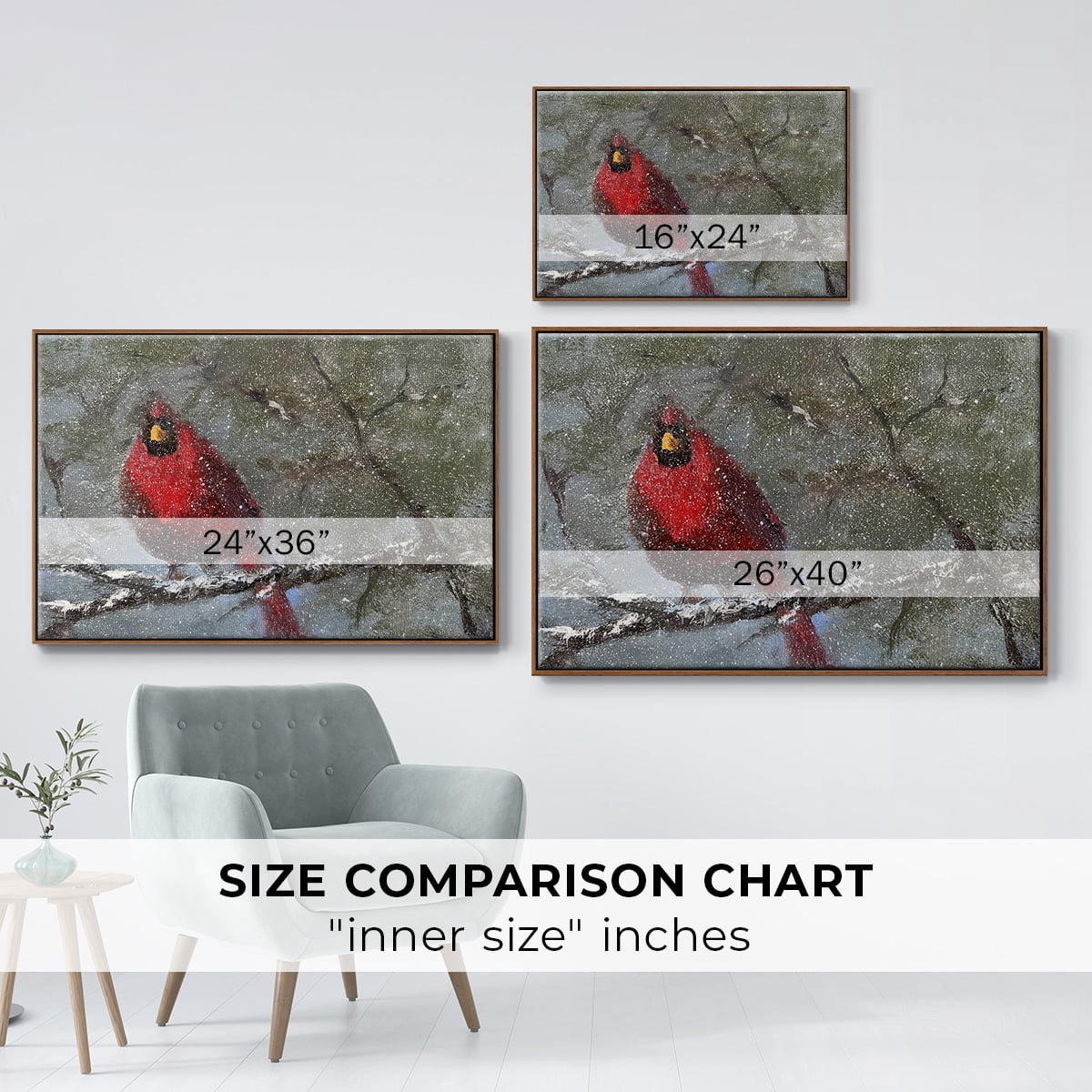 Cardinal in Snow I - Framed Gallery Wrapped Holiday Canvas - 17 x 25 - Rosewood Frame
