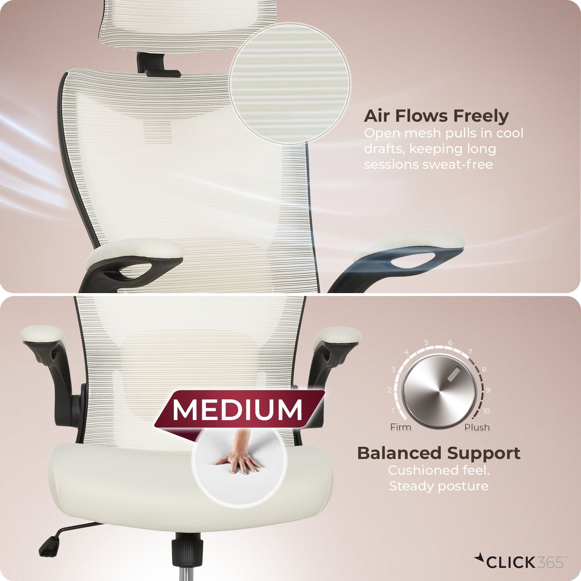 Click365 Adult Mesh High Back Indoor Commercial Ergonomic and Adjustable Headrest Office Chair Hardware Kit, Beige