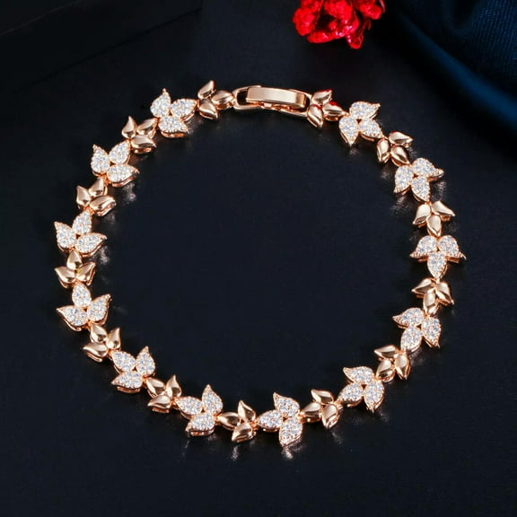585 Rose Gold Cubic Zirconia CZ Leaf Tennis Chain Link Bracelet Trendy Jewelry