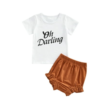 

Bagilaanoe 0-3Y Baby Girl Summer Clothing OH DARLING Letter Print Short Sleeve T-shirt Tops +Ruffle Triangle Shorts 2pcs