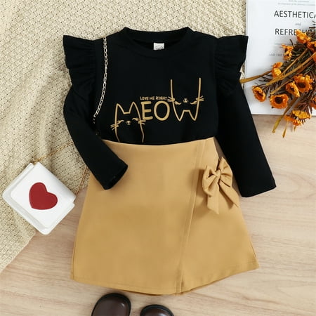 

1-6 Yrs Kids Little Girls Spring Fall Shorts Set Toddler Girl Ruffle Long Sleeve Top+ Shorts Outfits Sets-2Pack Black+Brown 1-2 Years