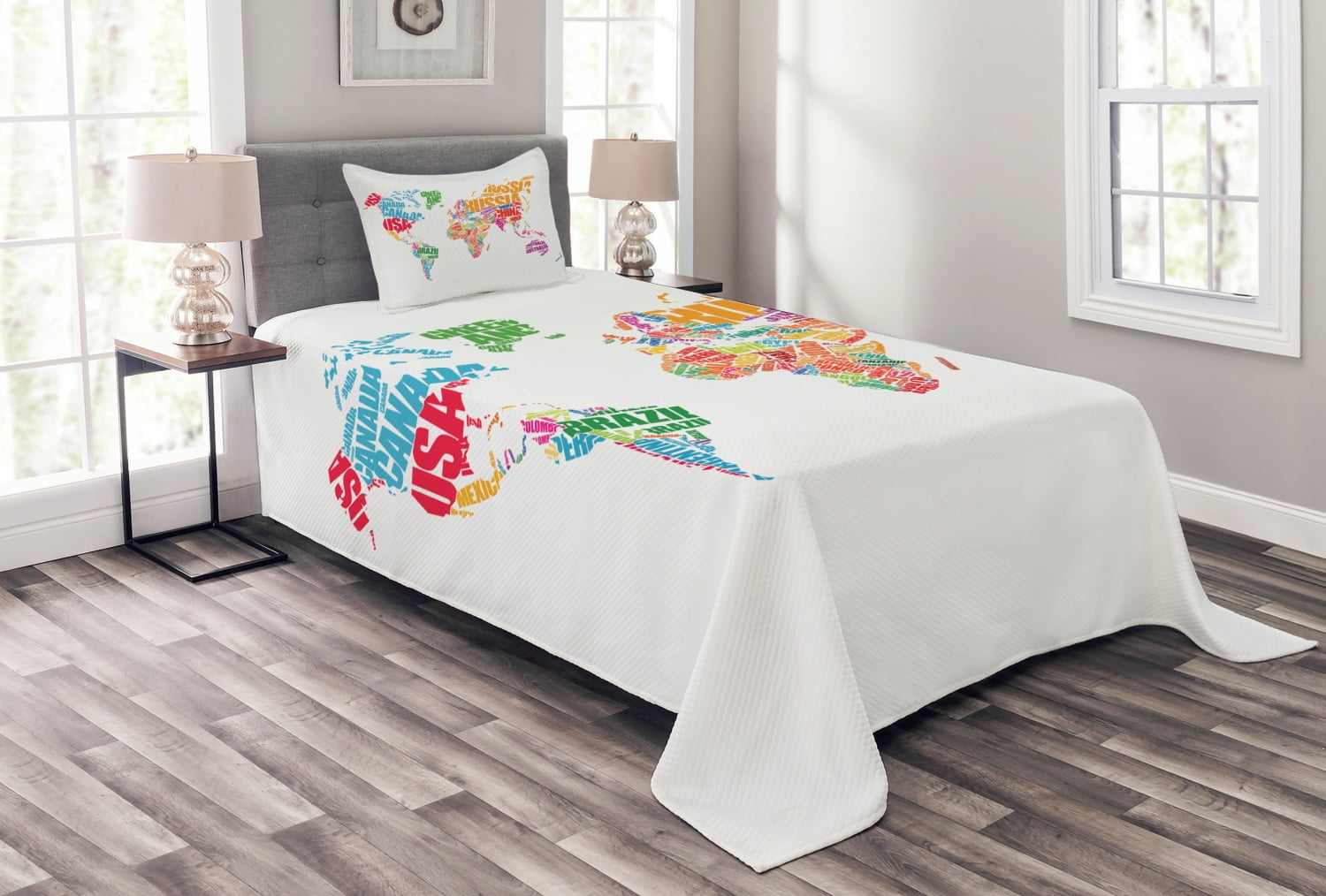 World Map Bedspread Set, World Map with Names of the Countries Europe America Africa Asia