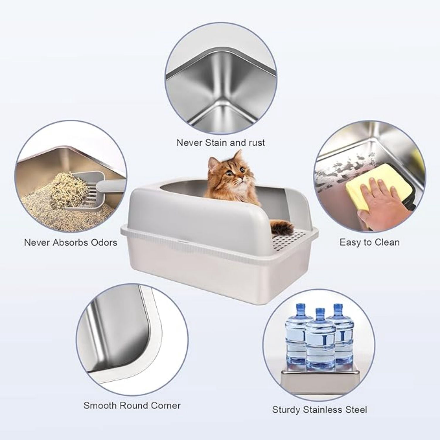 Stainless Steel Cat Litter Box with Lid, 20" L x 14.2" W x 11.8" H, Extra Large Litter Box for Big Cats with High Sided, Anti-Urine Leakage, Easy Cleaning, Include Cat Mat and Scoop