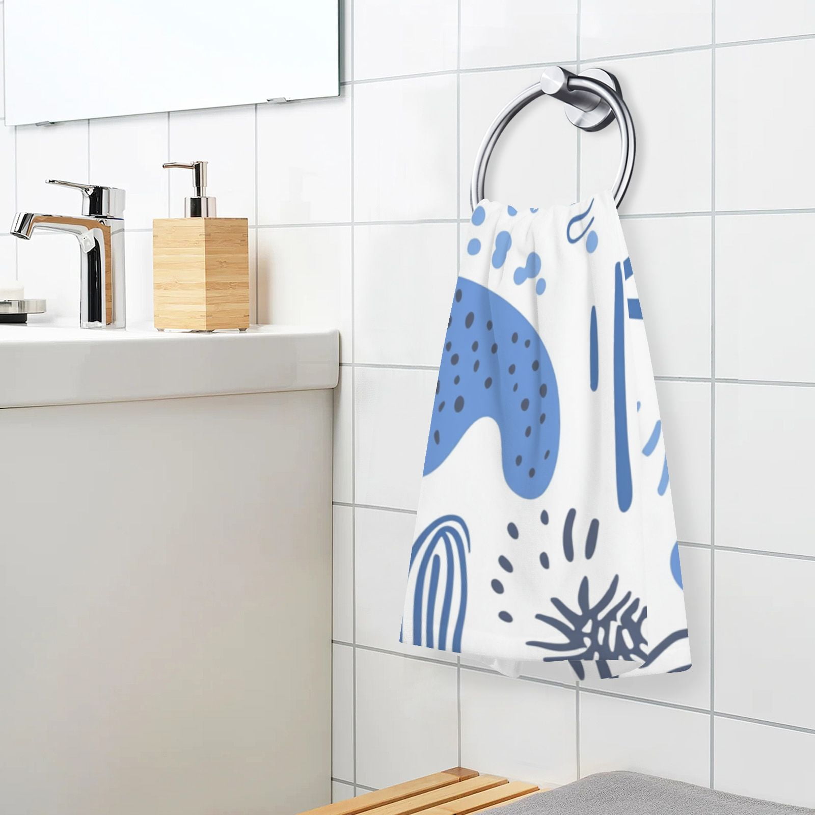 Abstract Blue Shapes Doodles Hand Towels Cotton Bath Towels Large Face Towels Absorbent for Bathroom 2 Packs