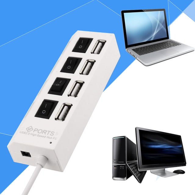 Klonfd New 4 Port USB 2.0 Hub On/Off Switches + DC Power Adapter Cable for PC Laptop