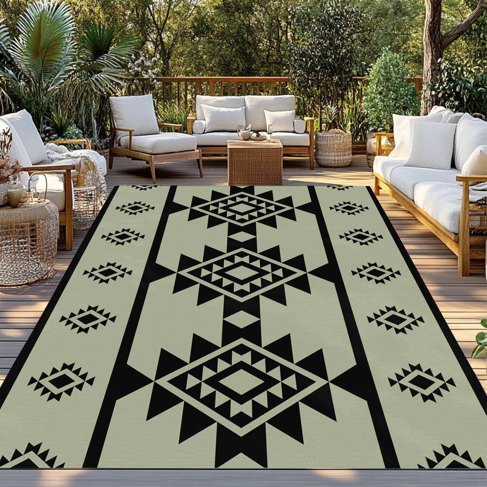 Fsddascl Sage Green Boho Outdoor Rug for Patio/Deck/Porch, Non-Slip Large Area Rug 6 x 9 Ft, Southwest Aztec Abstract Geometric Indoor Outdoor Rugs Washable Area Rugs, Reversible Camping Rug Carpet