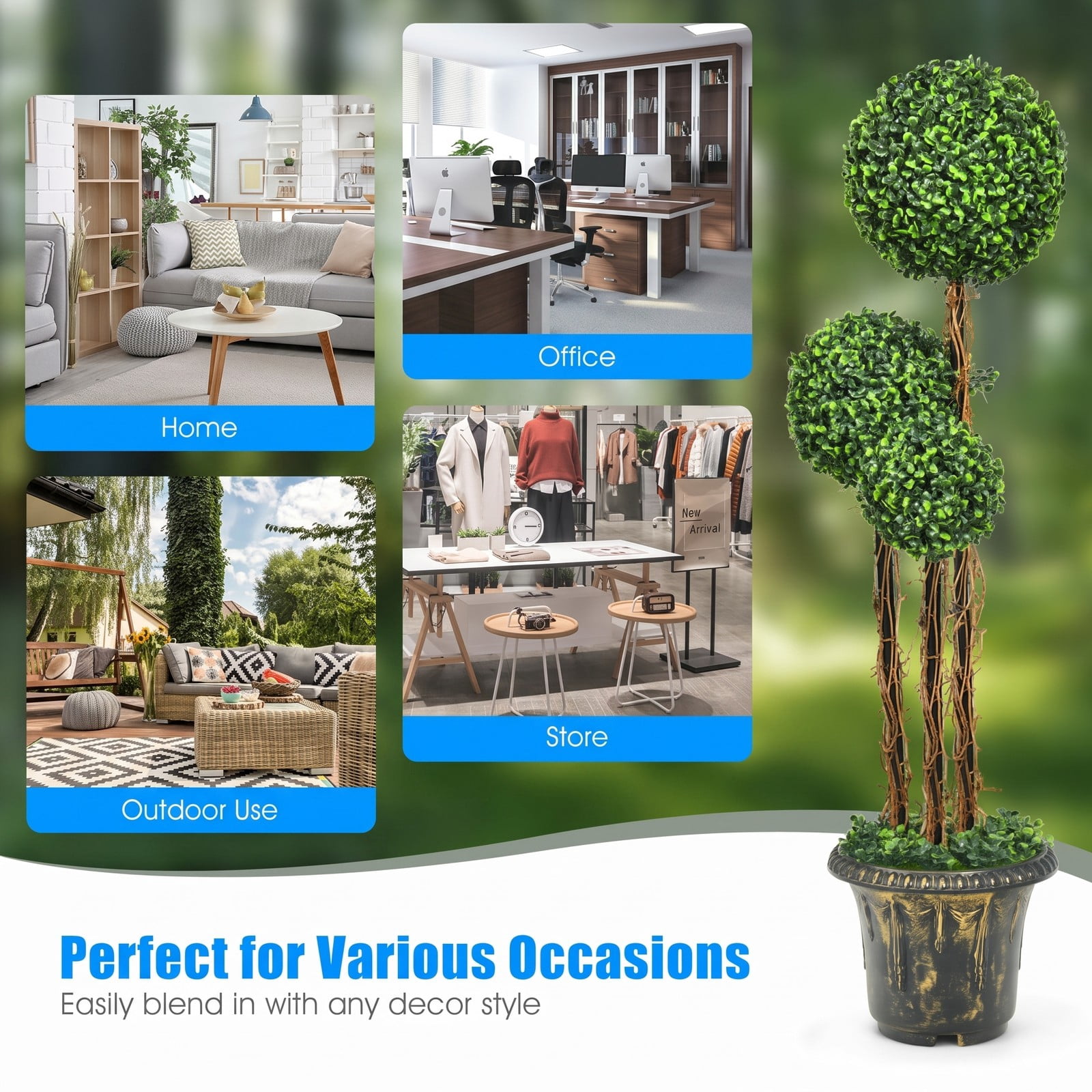 ALPULON 4 Feet Artificial Topiary Triple Ball Tree, UV Resistant Faux Boxwood Plant with Cement-Filled Pot for Indoor Outdoor Front Porch Patio Home Office Decor, Green