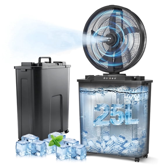 20in Portable Misting Fan Battery Powered with 25L Water Tank, Outdoor Fan with 3 Speeds & 4 Misters,Equipped LED Light, Remote for Patio Camping Backyard