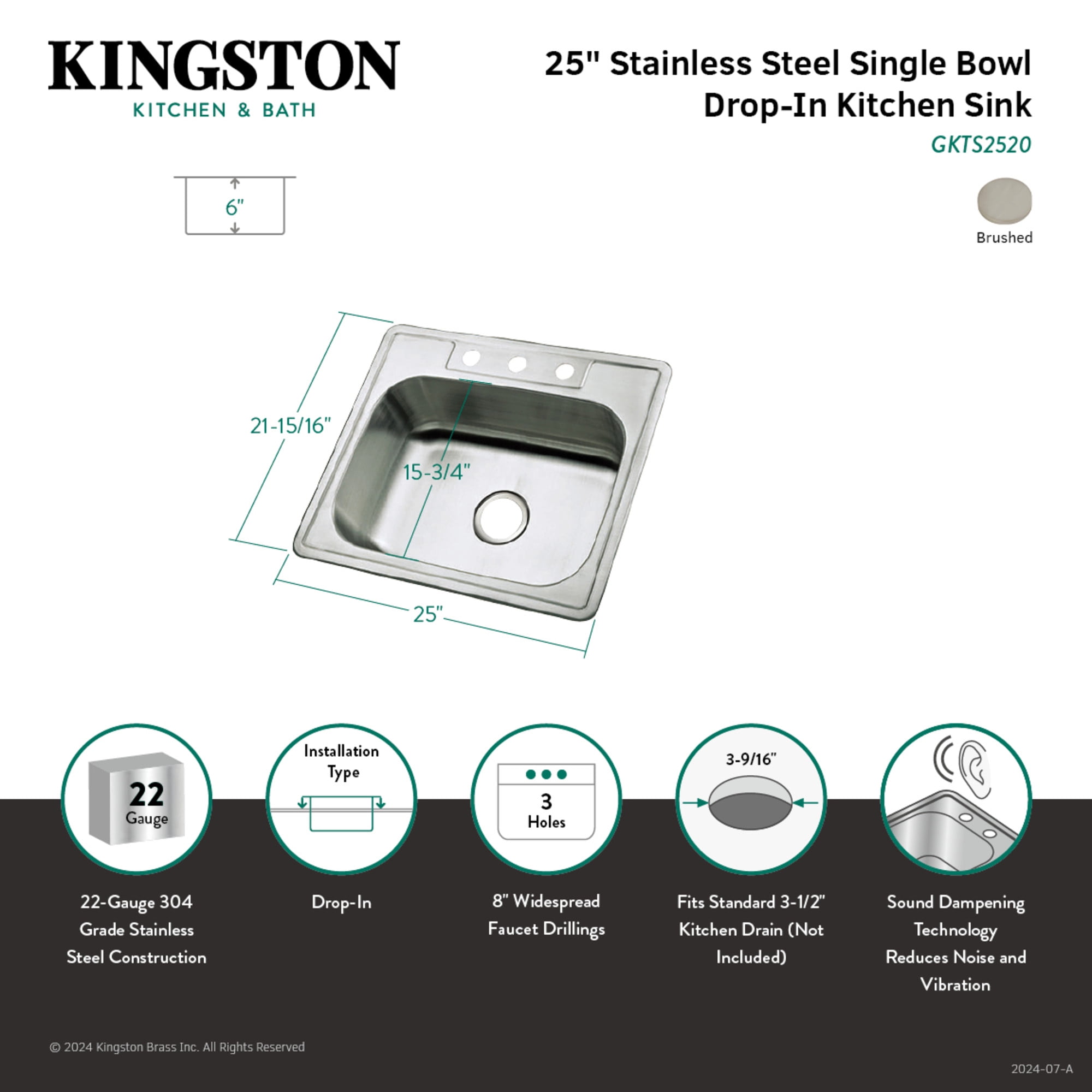 Gourmetier GKTS2520 Studio 25" Stainless Steel Self-Rimming Single Bowl Drop-In Kitchen Sink, Brushed