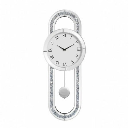 HomeRoots 635636 15 in. Silver Faux Crystal & Mirrored Glass Silent Analog Oval Wall Clock