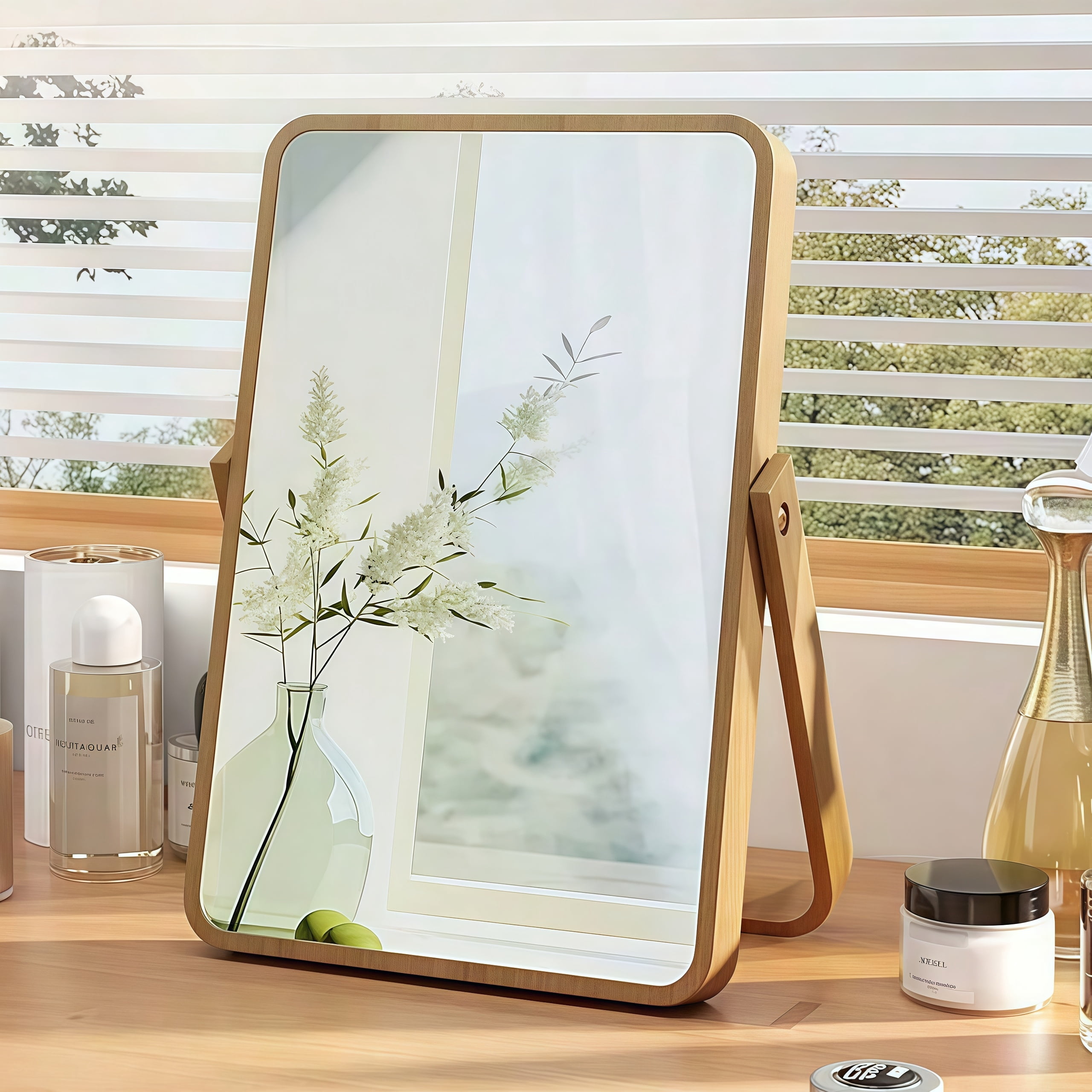 Natural Bamboo Mirror Vintage Wood Table Vanity Makeup Mirror Rectangle Standing 360 Degree Rotation Desk Mirror Decor for Living Room, Bedroom, Entryway