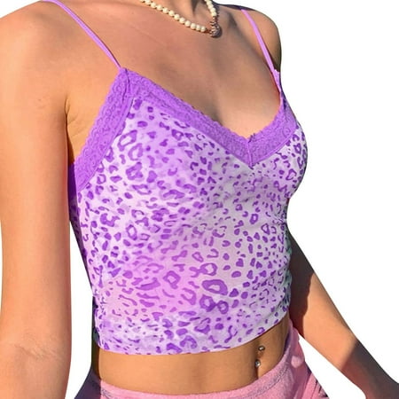 

Eyicmarn Women´s Leopard Camisole Summer Sexy Fashion V-neck Lace Sleeveless Crop Tops