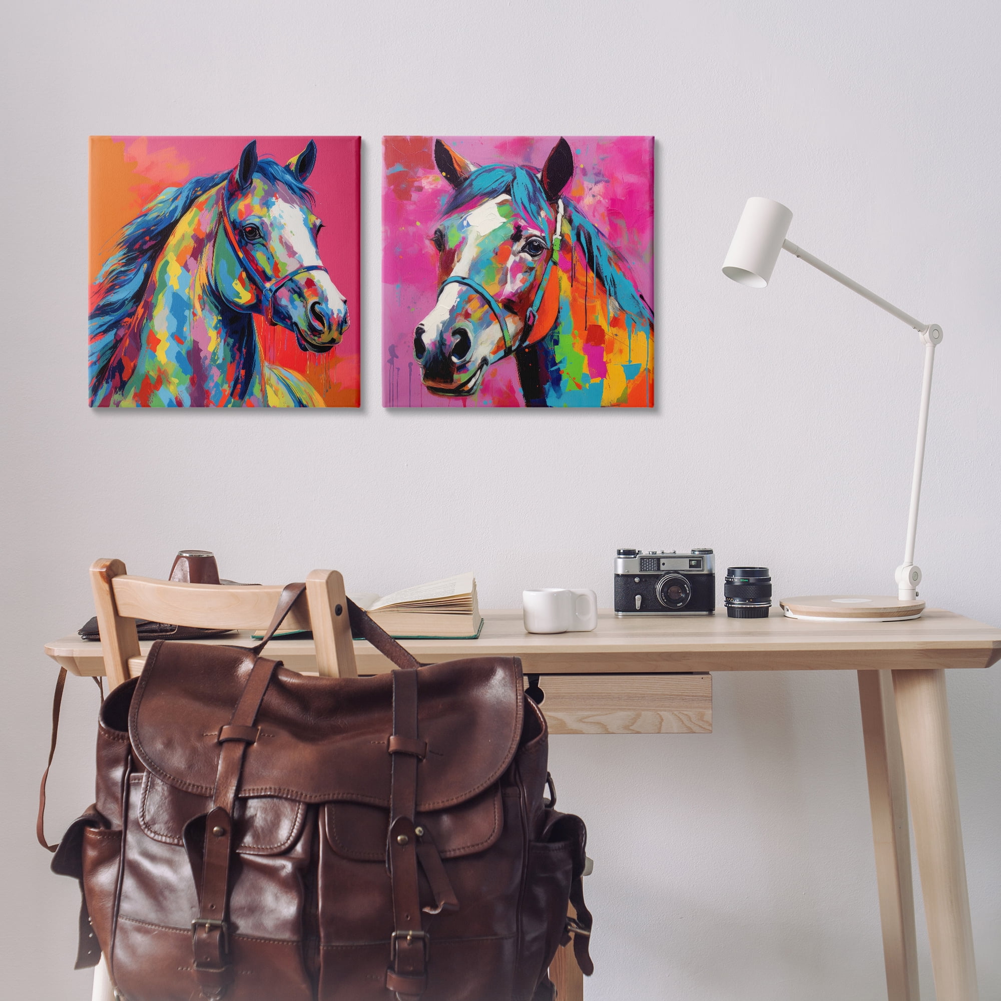 Stupell Industries Bright Neon Horse Portrait Animals Painting Wrapped Canvas Art Print Wall Art, 17 x 17, Set of 2