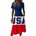 thumbnail image 4 of Womens American Flag Dresses Wrap V-Neck Hight Waist Midi Sundress Short Sleeve A-Line Swing Summer Dresses, 4 of 5