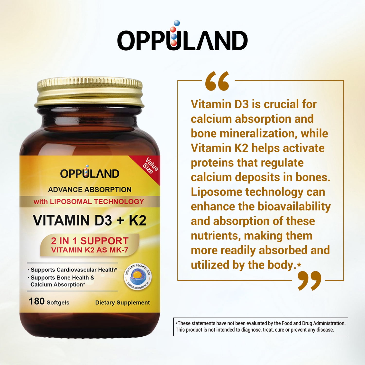 Oppuland 2 in 1 Vitamin D3K2 D3 5000 IU + K2 (MK-7) 100 MCG | 180ct Liposomal Softgels Supporting Bone Health, Calcium Absorption and Heart Health