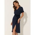 thumbnail image 2 of INSPIRE CHIC Women's Polka Dots Button Decor V Neck Split Belted Dress Navy L, 2 of 5