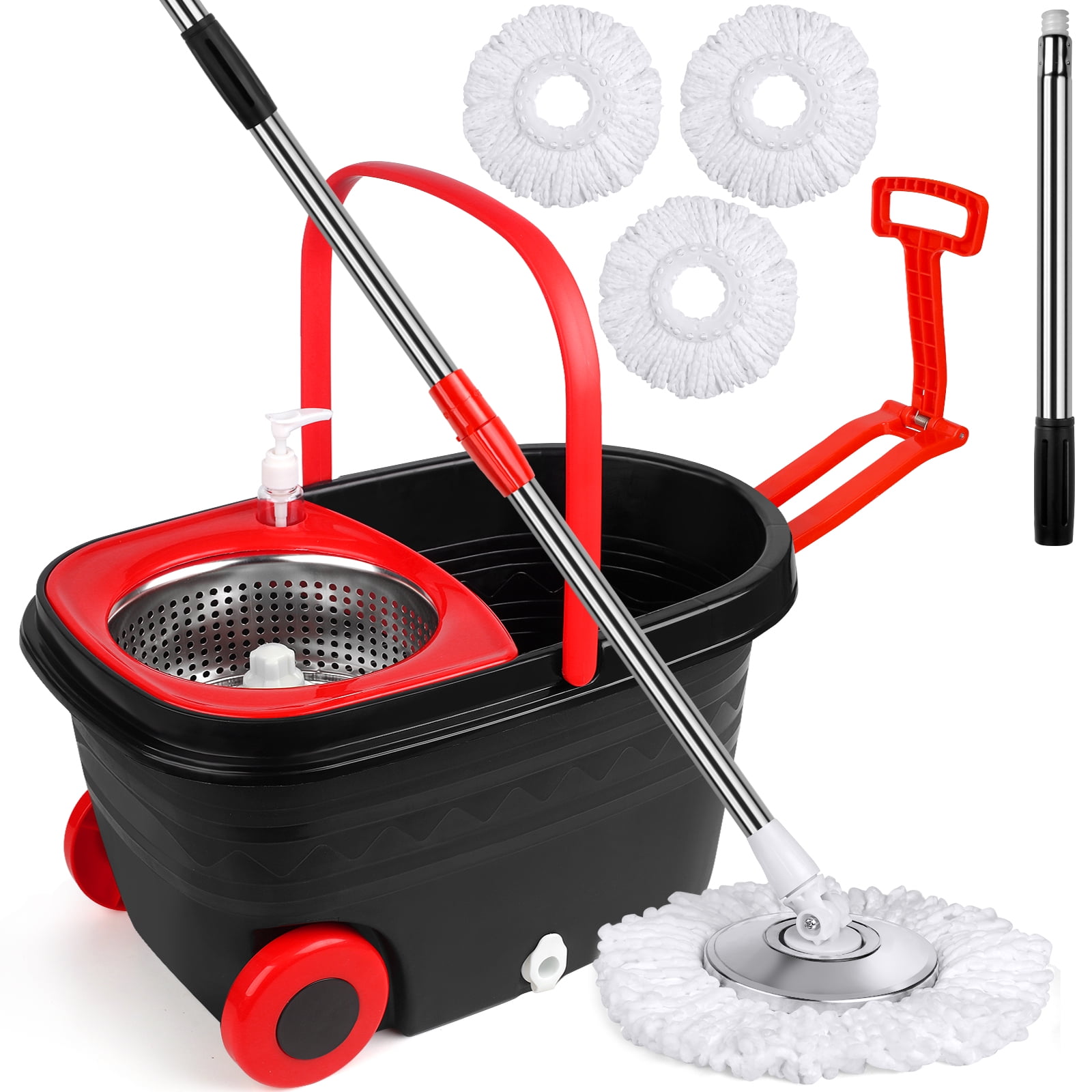 Spin Mop and Bucket on Wheels, Mop and Bucket Set, 360°Spinning Mopping Bucket with 3 Microfiber & 61" Extended Mop Rod for Floor Cleaning, Black & Red - Walmart.com