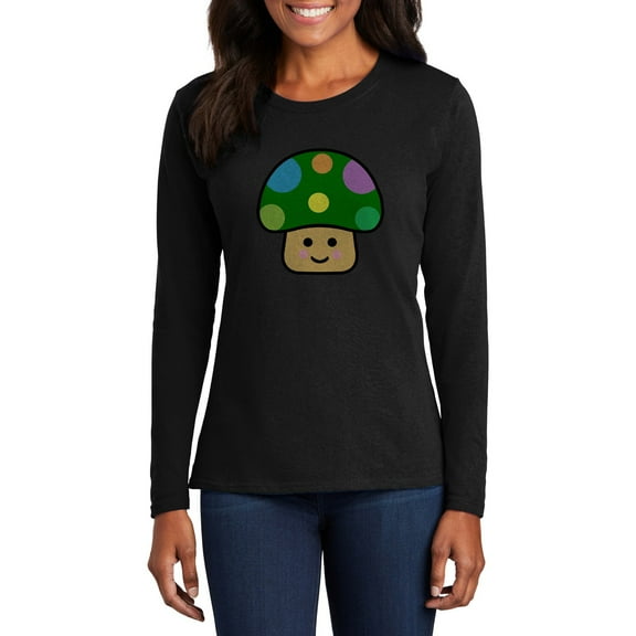 Plus Size Pokadot Toad Mushroom Women's Big Size Brand Name Long Sleeve Cotton T-Shirt - Jet Black XL