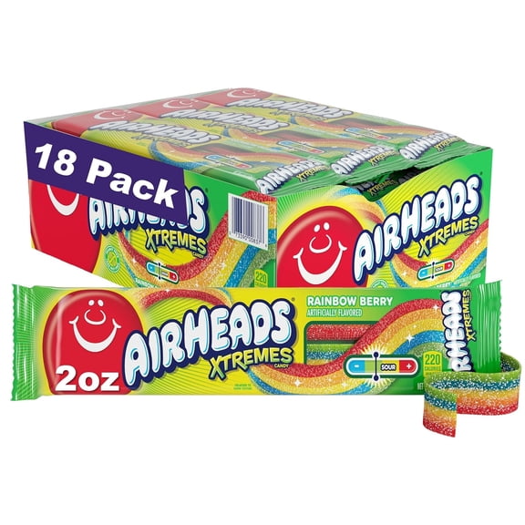 Airheads Xtremes Belts Sweetly STF9 Sour Candy, Rainbow Berry, Non Melting, Bulk Party Bag, 2 oz (Pack of 18)
