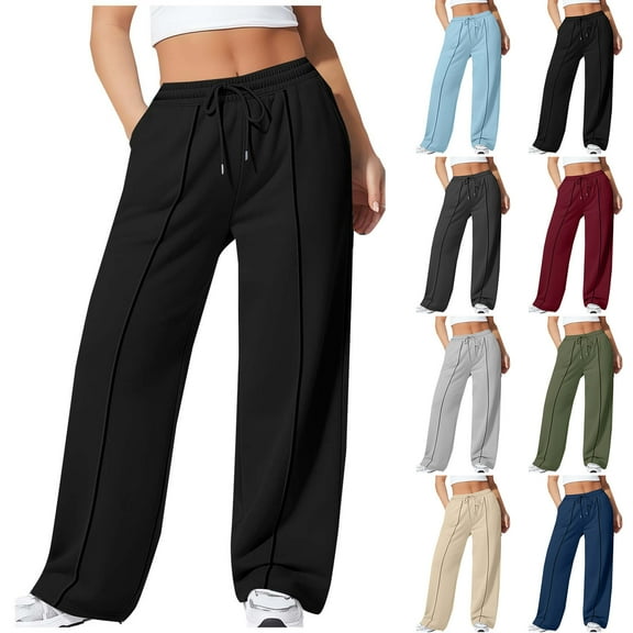 ZyeKqe Sweatpants for Women Fleece Lined Wide Leg Drawstring Plus Size Solid Color Sports Trousers with Pockets