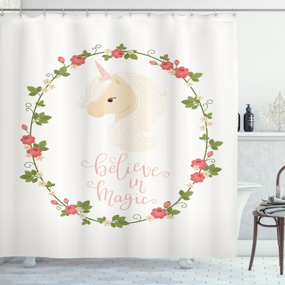 Saying Shower Curtain, Illustration of Unicorn in a Floral Frame Wreath Design and Believe in Magic Text, Fabric Bathroom Set with Hooks, 69W X 70L Inches, Multicolor, by Ambesonne