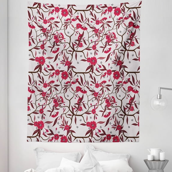 Vintage Tapestry, Floral Blooming Branches with Fresh Flowers Spring Garden Stars, Fabric Wall Hanging Decor for Bedroom Living Room Dorm, 5 Sizes, Dark Brown and Dark Coral, by Ambesonne