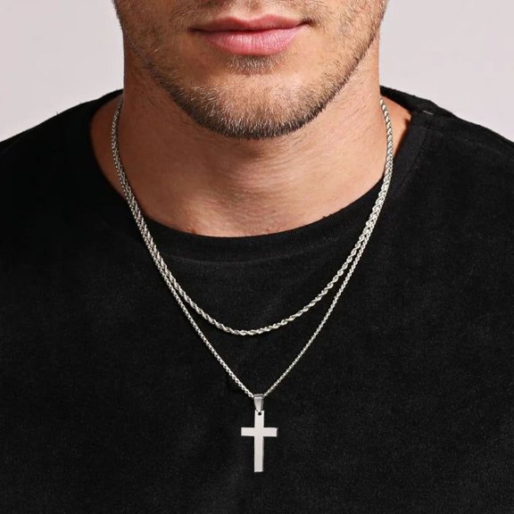 Waterproof Cross Necklaces for Men Male Gifts Jewelry, Anti Allergy 14K White Gold Plain Cross Pendant with Rope Chain DB427