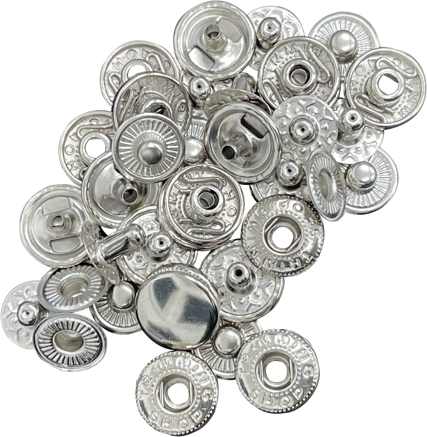 Trimming Shop 20mm S Spring Press Studs 4 Part, Durable and Lightweight, Metal  Snap Buttons Fasteners for Jackets, DIY Leathercrafts, Sewing Clothing,  Purses, Silver, 50pcs 