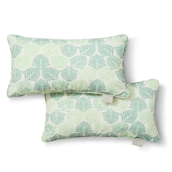 MARTHA STEWART Modern Banana Leaves Indoor Outdoor Decorative Lumbar Pillow 2-Pack Set, UV Fade Resistant, Water Repellent, Printed Tropical Design, Green, 11"x18"