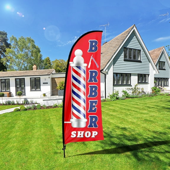 QSUM Barber Shop business Flag with Pole Kit , Barber Shop  Advertising Feather Flag, 7FT Barber Shop  Banner ,Commercial use flag