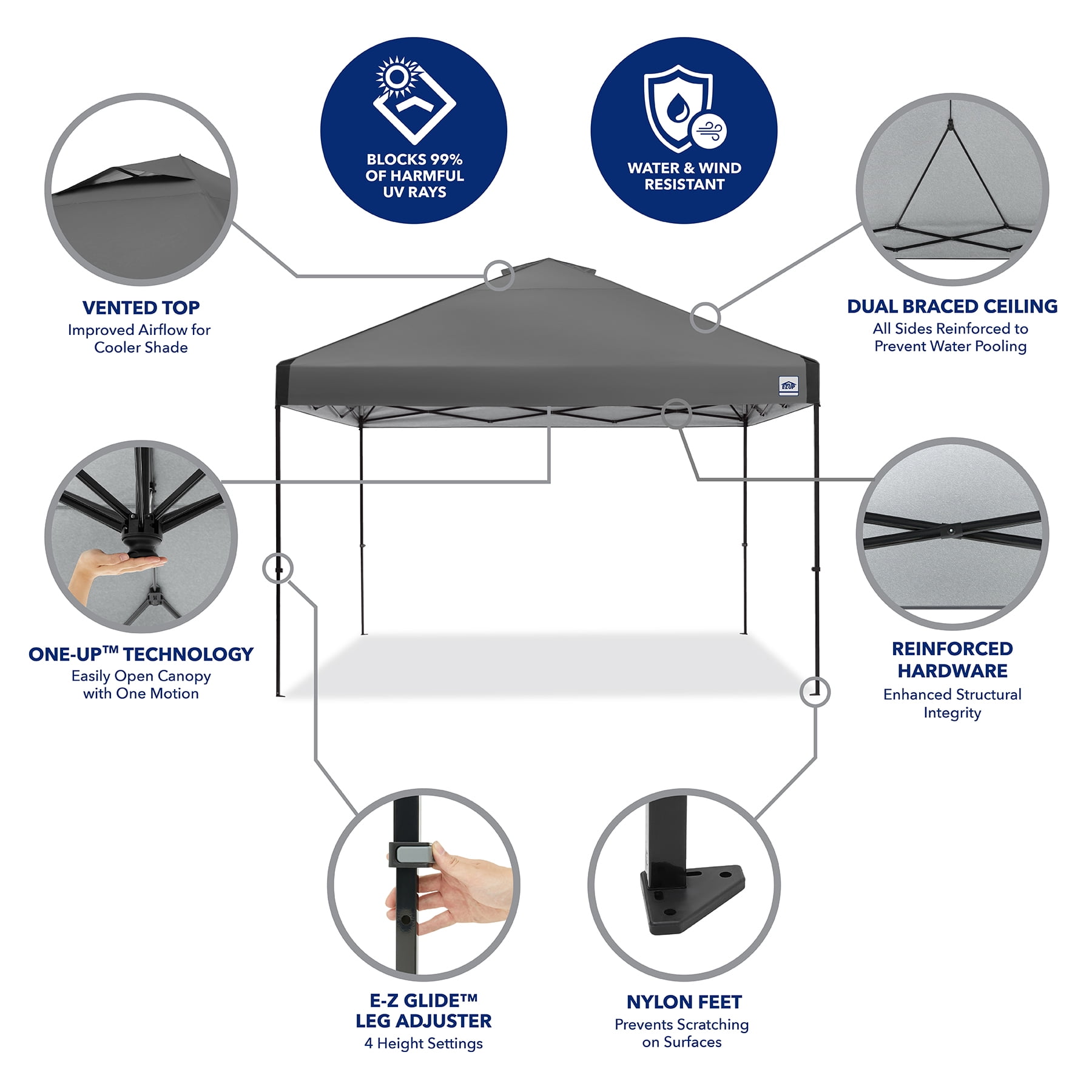 E-Z UP 12x12 Instant Canopy ONE-UP Vented Pop Up Tent, 144 Sq Ft Large Outdoor Shade Shelter with Roller Bag, Gray