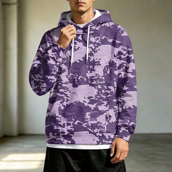 Dwelliawo Camo Hoodies for Men, Maple Leaf Print Oversized Hooded Sweatshirt Long Sleeve Fleece Pullover Purple 3xL