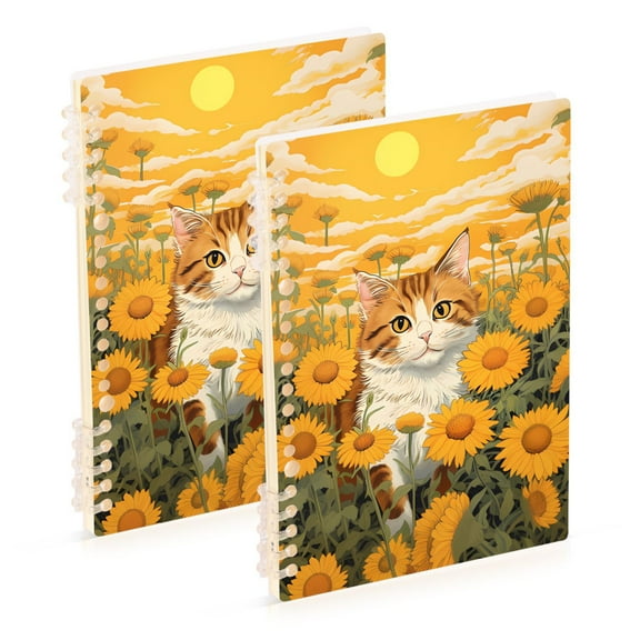 Cat Sunflowers Clouds Leaves Ring Binder Notebook Journey Note Diary College Ruled Spiral Notebook Study Loose Leaf Paper A5 60 Pages