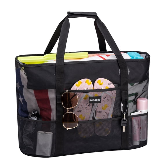Black Extra Large Mesh Beach Bags for Women Pool Bag with Zipper Pockets Waterproof Sandproof for Travel Pool Picnic
