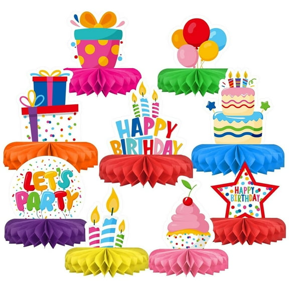 Xugoox 9 Pcs Colorful Happy Birthday Honeycomb Centerpiece, Happy Birthday Decorations Set, Rainbow Table Decoration for Boys Girls Birthday Party Decorations Baby Shower Supplies